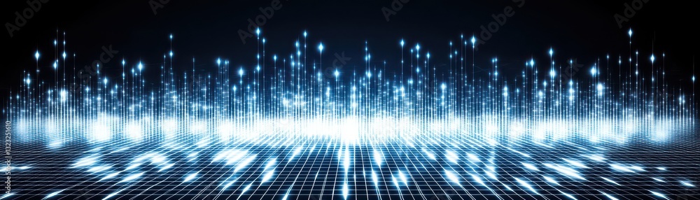 Poster a futuristic digital landscape with glowing blue lines and dots, representing data flow and connecti