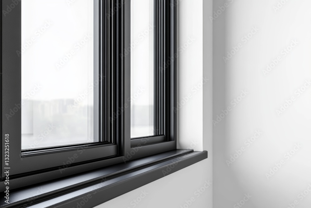 Poster close up of a black window frame isolated on a clean white background with minimal details and clean