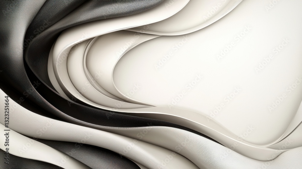 Poster a flowing abstract design featuring smooth curves in shades of black and white, creating a serene an