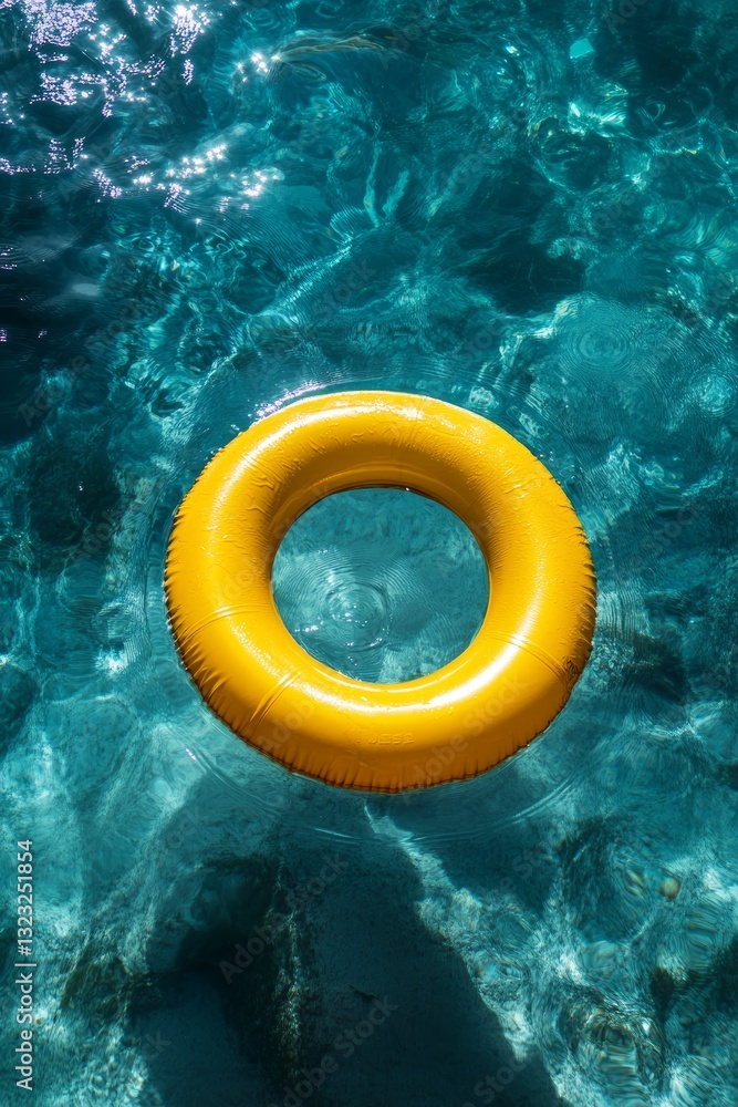 Poster close up of a yellow float ring on a crystal clear water surface with clean lines and minimal backgr