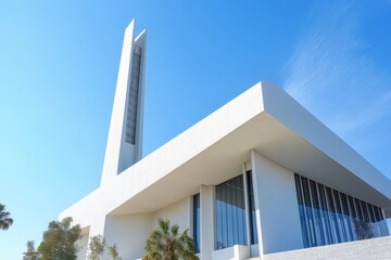 Modern white church building with a tall steeple against a clear blue sky, showcasing minimalist architecture and spiritual symbolism