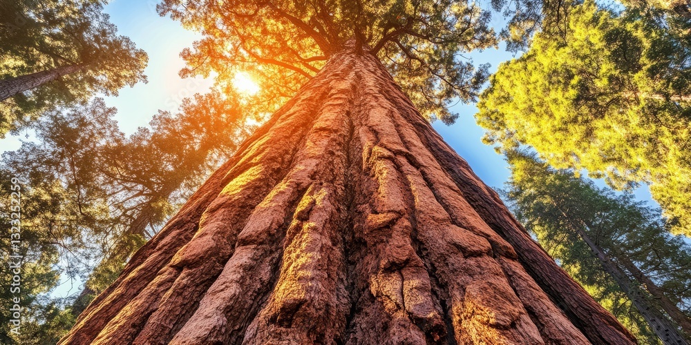 Poster close up view of a towering tree with bright sunlight and clean lines