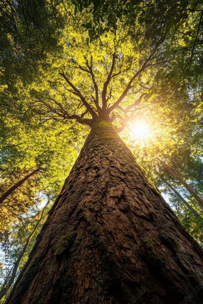 Poster close up view of a towering tree with bright sunlight and clean lines