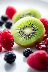 Colorful Fresh Fruits and Berries Surrounding a Half Kiwi in a Close Up Detail View