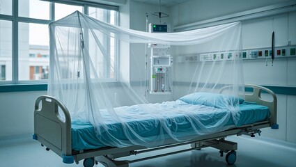 Bed with mosquito net in hospital, medical mood, representing health care and patient protection, with sterile hospital backdrop