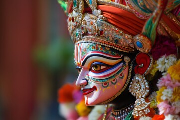 Fototapeta premium Close up of a chhau dancer wearing vibrant makeup and traditional costume, celebrating the Navratri festival with artistic expression