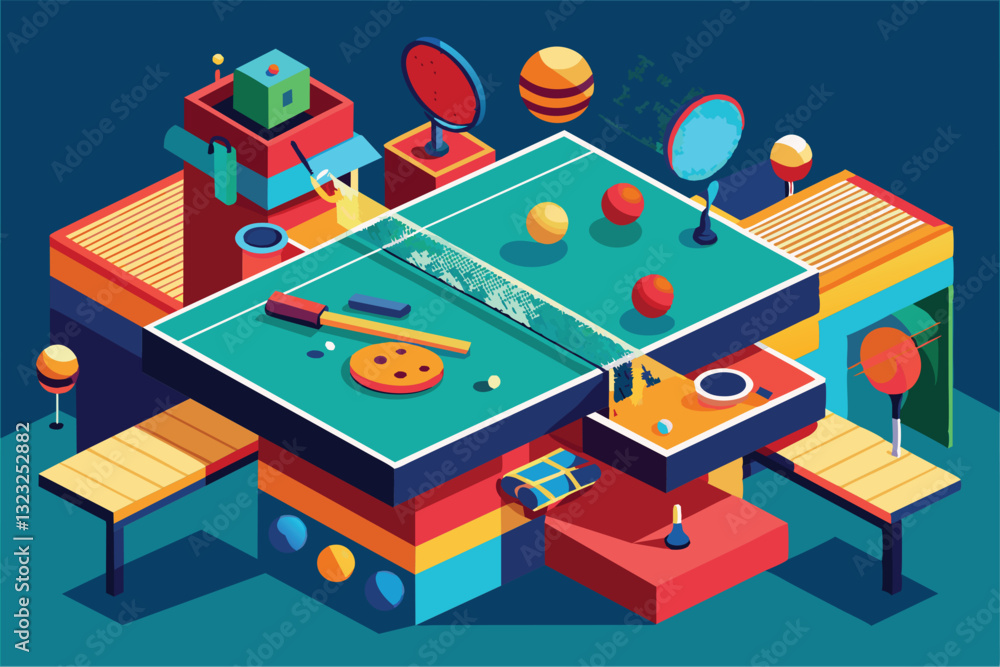 Poster the scene features a colorful table tennis setup with unique shapes and fun distractions for engagin