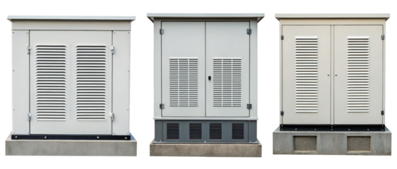 Three outdoor electrical boxes on a transparent background