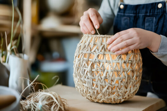 Hands skillfully assembling a hand woven lampshade using natural fibers, showcasing traditional craftsmanship in a cozy workshop setting