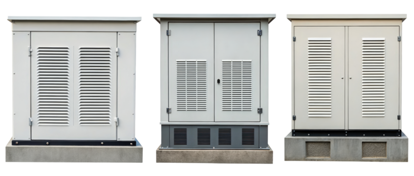 Three outdoor electrical boxes on a transparent background