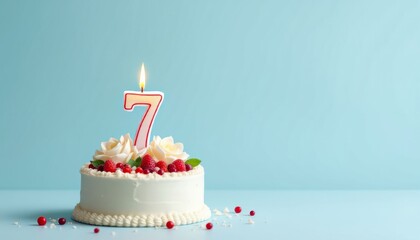 A birthday cake with white frosting, floral decorations, and a number seven candle on top, placed on a display stand against a pastel blue background.