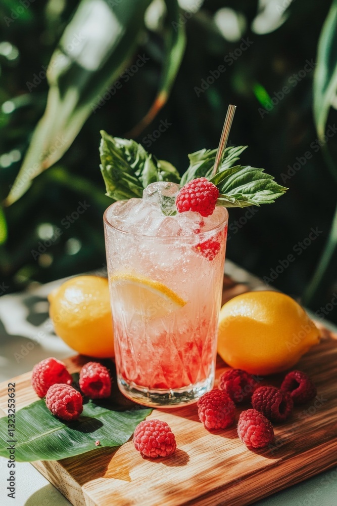 Poster fresh sparkling raspberry lemonade with ice served in clear glass garnished with raspberries and lem