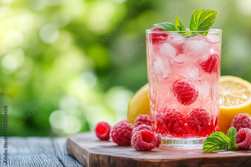 Poster freshly served raspberry lemonade with ice in a clear glass garnished with raspberries and lemon