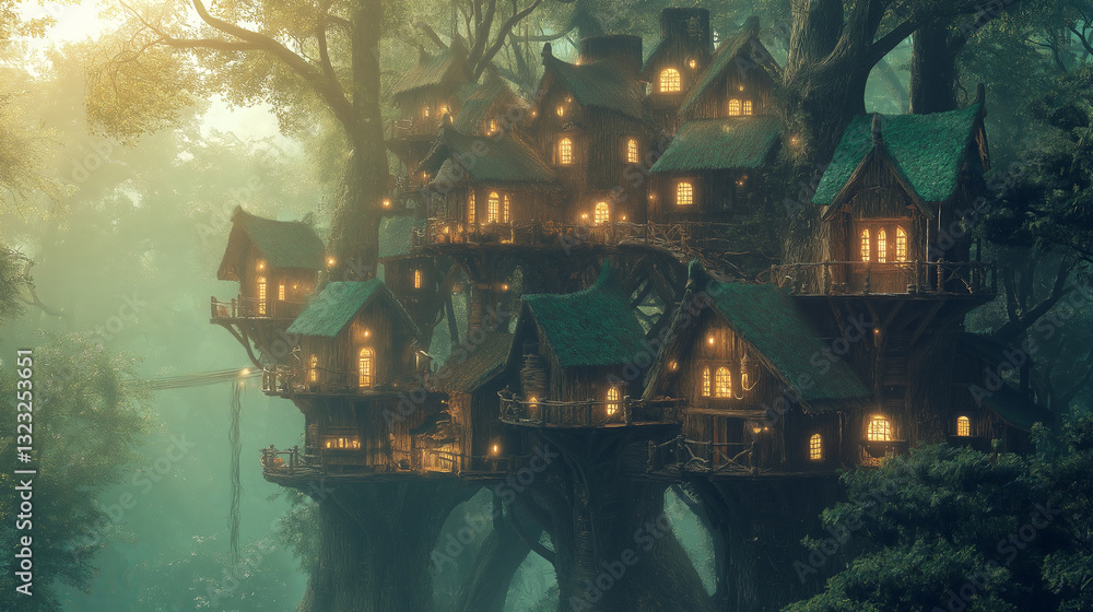 Fototapete A treehouse village hidden deep within an enchanted jungle.