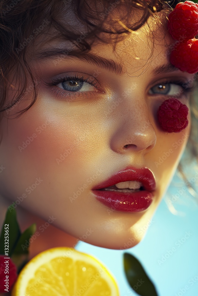 Poster freshly served raspberry lemonade with ice in a clear glass garnished with raspberries and lemon
