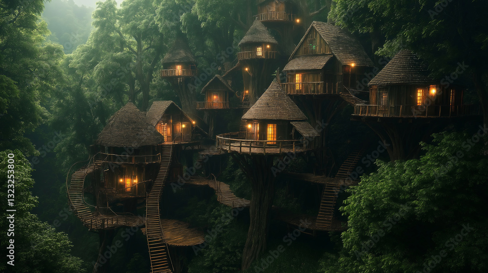 Poster a treehouse village hidden deep within an enchanted jungle.