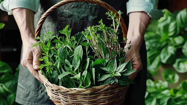 Korb mit frisch geerntetem Spinat aus dem Garten