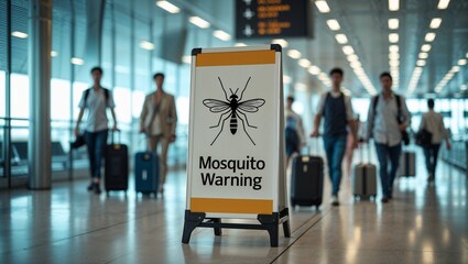 "Mosquito warning" sign at airport, alert mood, representing health awareness and safety, with modern interior backdrop