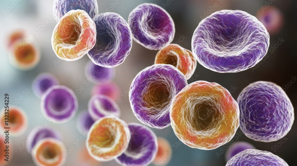 Poster a colorful representation of cells, showcasing their intricate structures and diversity under a micr