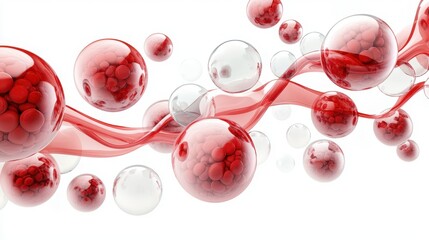3D-rendered abstract visualization of red blood cells and a twisting DNA strand, symbolizing blood disorders, genetics, and medical research.  
