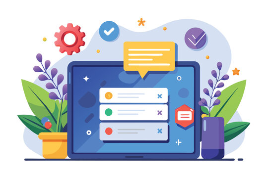 The tablet screen displays a customizable login layout with task notifications and decorative elements, Tablet login Customizable Disproportionate Illustration