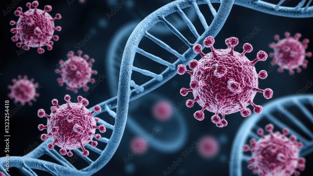 Poster microscopic view of viruses interacting with dna strands, showcasing the complex relationship betwee