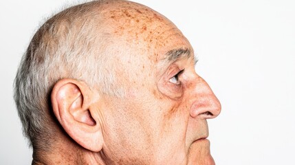 Obraz premium A close-up side view of an elderly man with gray hair and deep wrinkles in the skin of face, looking to the side.