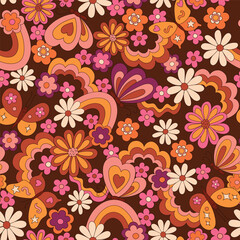 Hippie retro vector seamless pattern. Vintage nature background with flowers, butterflies and rainbows. Nostalgic botanical 70s groovy illustration. Fun and quirky hand drawn allover print design