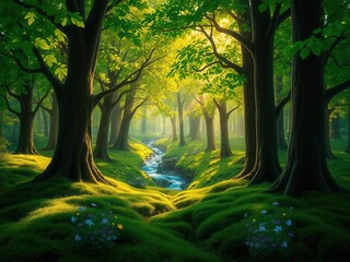 Obraz premium Sunlit Forest Stream with Lush Green Moss