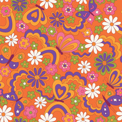 Hippie retro vector seamless pattern. Vintage nature background with flowers, butterflies and rainbows. Nostalgic botanical 70s groovy illustration. Fun and quirky hand drawn allover print design