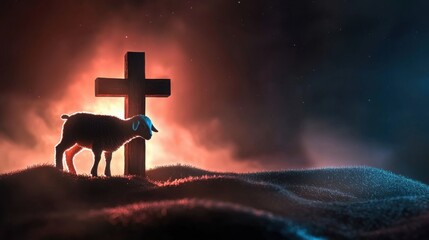Silhouette of an animal possibly a sheep or lamb standing before a large glowing cross in an atmospheric mystical landscape with dramatic lighting and stormy clouds