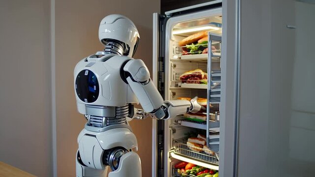 Humanoid robot puts food to the fridge in the kitchen. A humanoid robot is a robot resembling the human body in shape. Food is any substance consumed by an organism for nutritional support. 