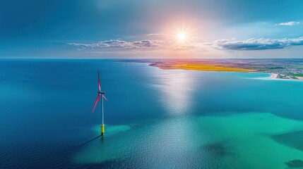 Breathtaking coastal landscape with a single wind turbine standing against the backdrop of a tranquil turquoise ocean and a vibrant sunset sky  The scene exudes a sense of peace serenity