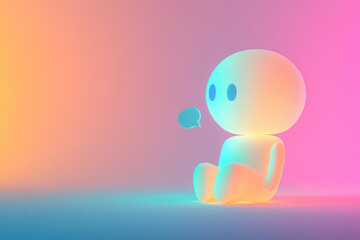 A 3D-rendered character sits in a colorful gradient space, emitting a speech bubble. The playful design features pastel hues and smooth shapes, evoking a sense of creativity and whimsy.