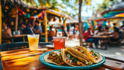 A colorful plate of tacos on an outdoor table at dusk, with people in the background enjoying Mexican food and drinks under string lights