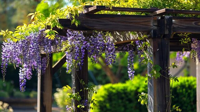 Pergola mit violettem Blauregen in voller Bl&uuml;te
