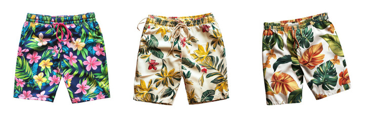 A Set of Fashionable Floral Swim Trunks Ready for the Beach Isolated on Transparent Background