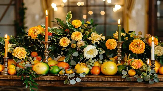 Zitronenbaum mit leuchtend gelben Fr&uuml;chten und Bl&uuml;ten