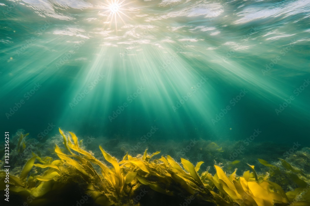 Poster sun rays penetrating the ocean surface, illuminating a vibrant kelp forest on the seabed, creating a