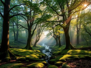 Sunbeams in a Mossy Forest with Stream