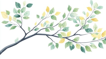 Obraz premium A hand drawn tree branch with colorful leaves and green yellow foliage