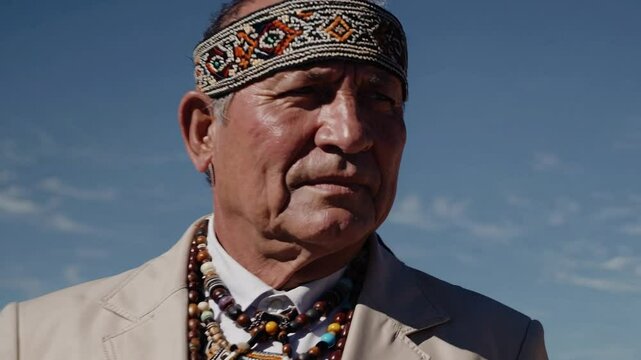 Elderly Native American Man in Traditional Garb Standing Outside a Pueblo-style Structure in a Desert Landscape