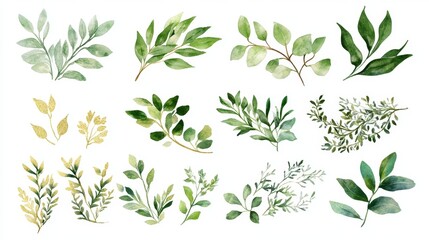 Beautiful Wedding Scene with White Background and Watercolor Illustration of Greenery Leaves and Gold Elements