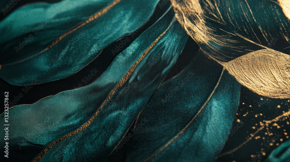 Poster closeup of texture and pattern on leaves featuring emerald green with gold accents creating an elega