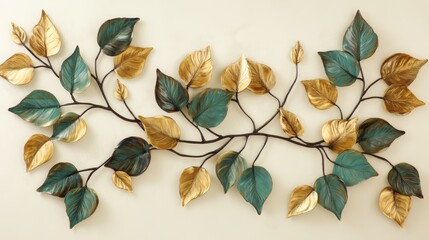 Contemporary wall art piece featuring an array of green and gold leaves in diverse shapes and sizes elegantly intertwined