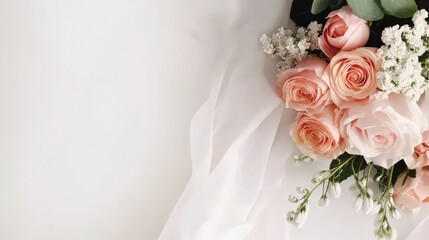 Elegant Pink and Peach Wedding Bouquet on White Background with Banner and Copy Space Area on the Left for Creative Design and Marketing