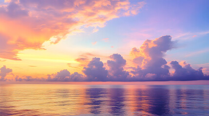 sky with tropical sunset colors fading into golden and lavender tones above calm waters 