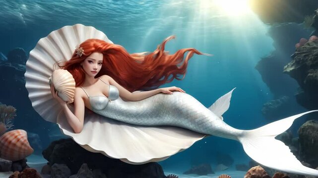 A mermaid with long, flowing red hair, lying inside a large, open seashell