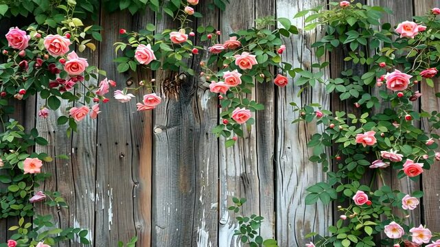 Rosen klettern an einem alten Holzzaun im Garten