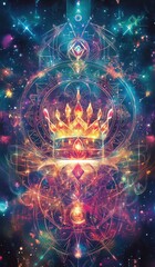Beautiful oracle cards for production design. A vibrant cosmic crown in a mystical universe.